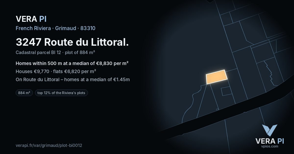 3247 Route du Littoral, Grimaud at night – the plot lit, the parcels around coloured by the prices near them