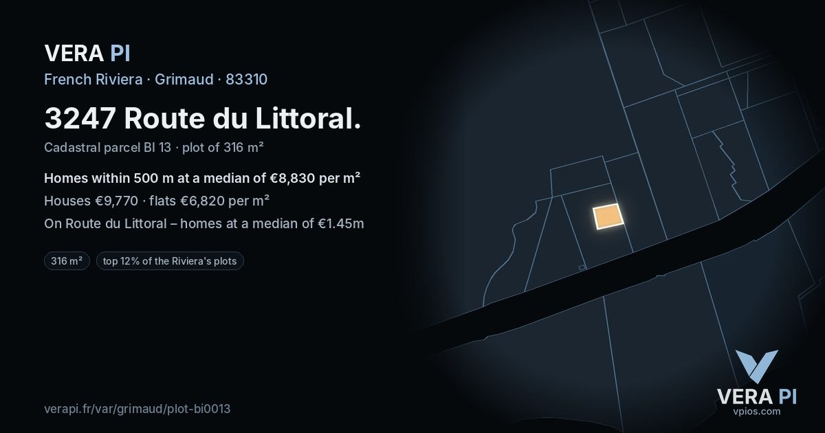 3247 Route du Littoral, Grimaud at night – the plot lit, the parcels around coloured by the prices near them