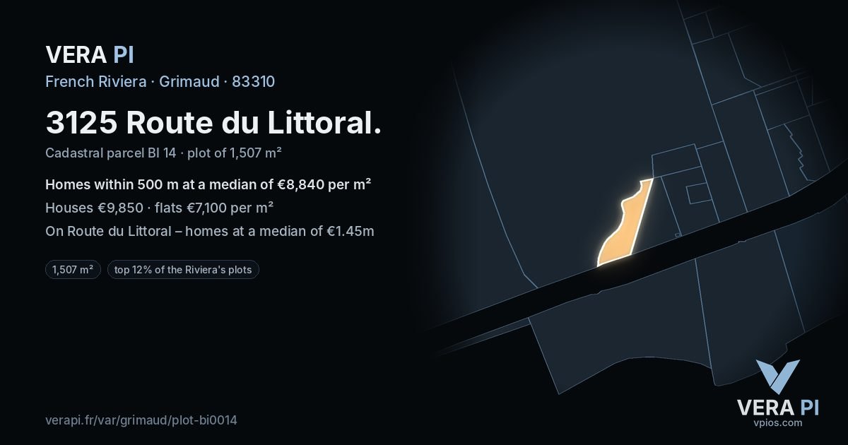 3125 Route du Littoral, Grimaud at night – the plot lit, the parcels around coloured by the prices near them