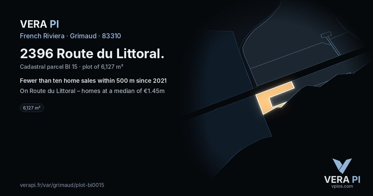 2396 Route du Littoral, Grimaud at night – the plot lit, the parcels around coloured by the prices near them