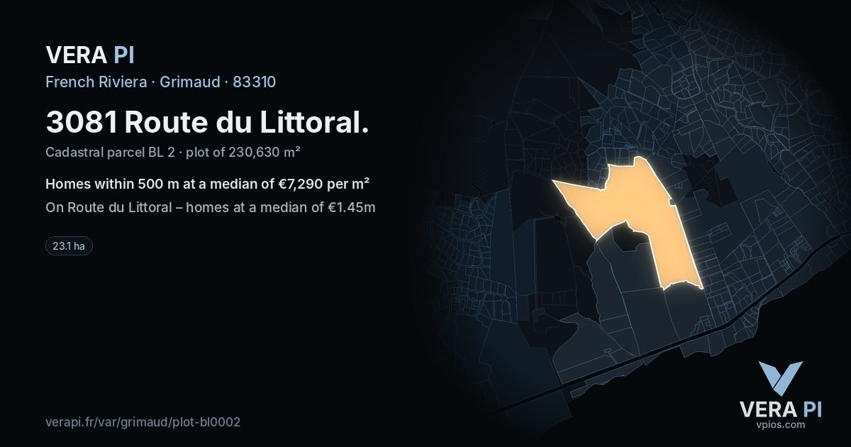 3081 Route du Littoral, Grimaud at night – the plot lit, the parcels around coloured by the prices near them