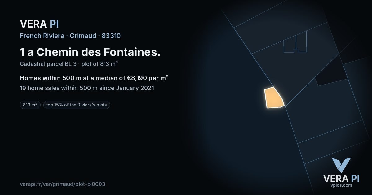 1 a Chemin des Fontaines, Grimaud at night – the plot lit, the parcels around coloured by the prices near them