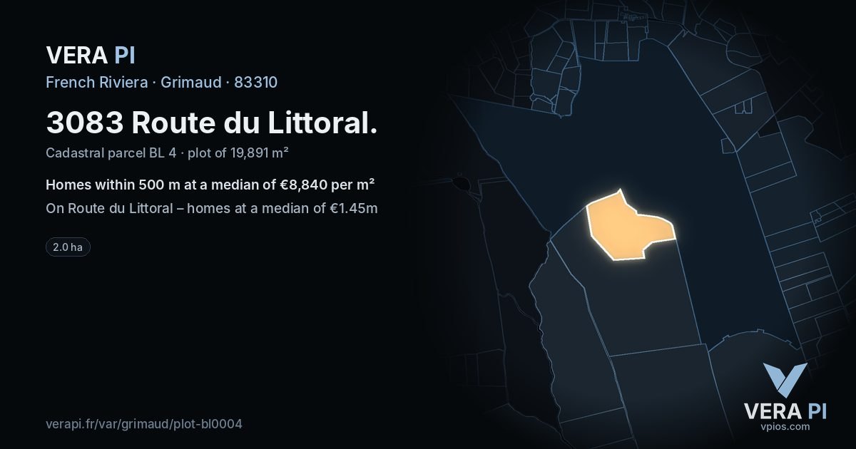 3083 Route du Littoral, Grimaud at night – the plot lit, the parcels around coloured by the prices near them