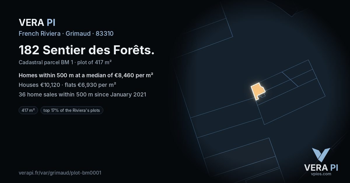 182 Sentier des Forêts, Grimaud at night – the plot lit, the parcels around coloured by the prices near them