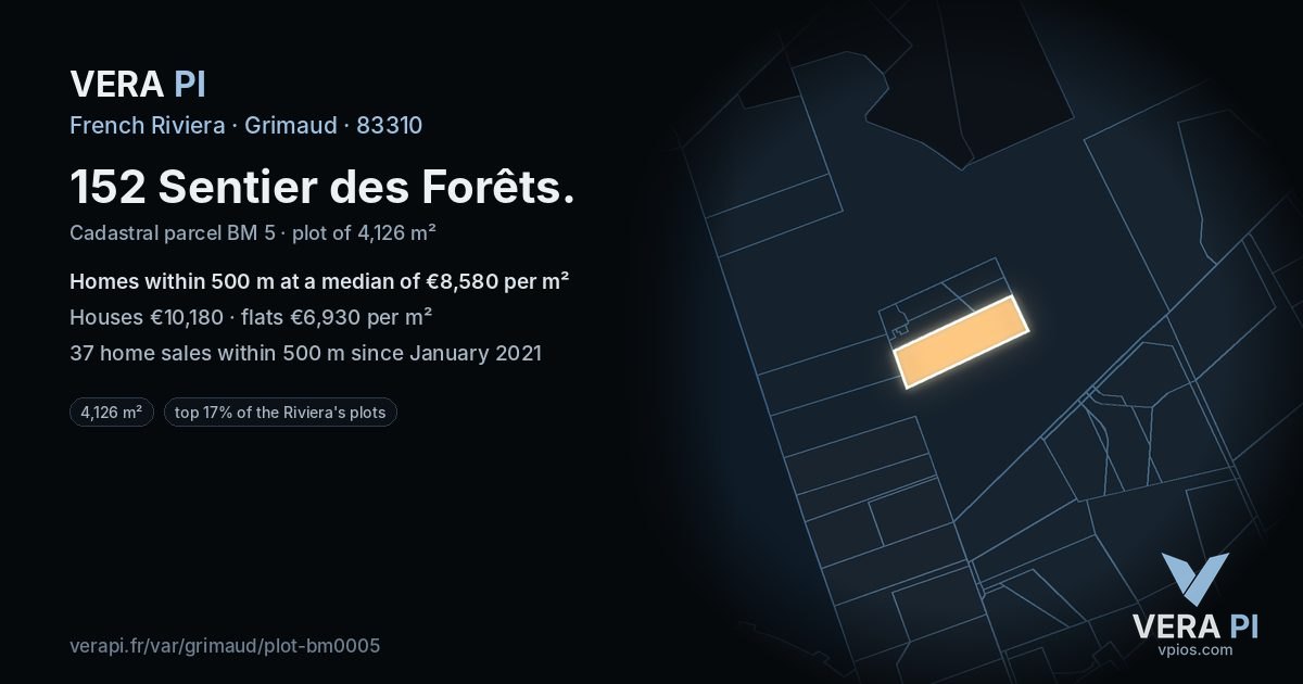 152 Sentier des Forêts, Grimaud at night – the plot lit, the parcels around coloured by the prices near them