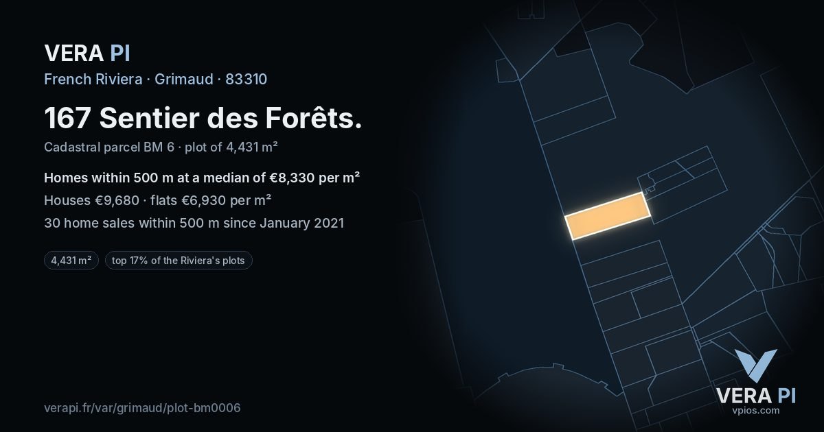 167 Sentier des Forêts, Grimaud at night – the plot lit, the parcels around coloured by the prices near them
