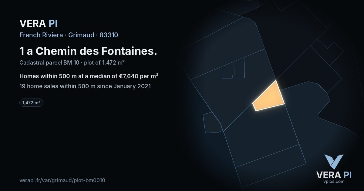 1 a Chemin des Fontaines, Grimaud at night – the plot lit, the parcels around coloured by the prices near them