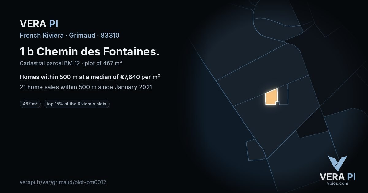 1 b Chemin des Fontaines, Grimaud at night – the plot lit, the parcels around coloured by the prices near them