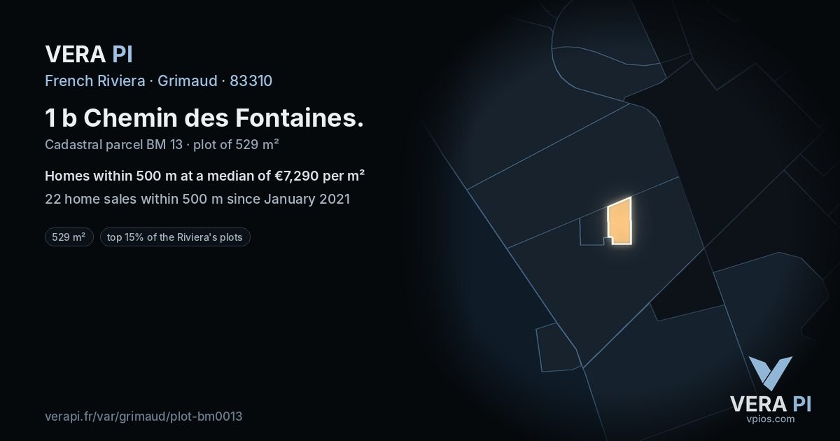 1 b Chemin des Fontaines, Grimaud at night – the plot lit, the parcels around coloured by the prices near them
