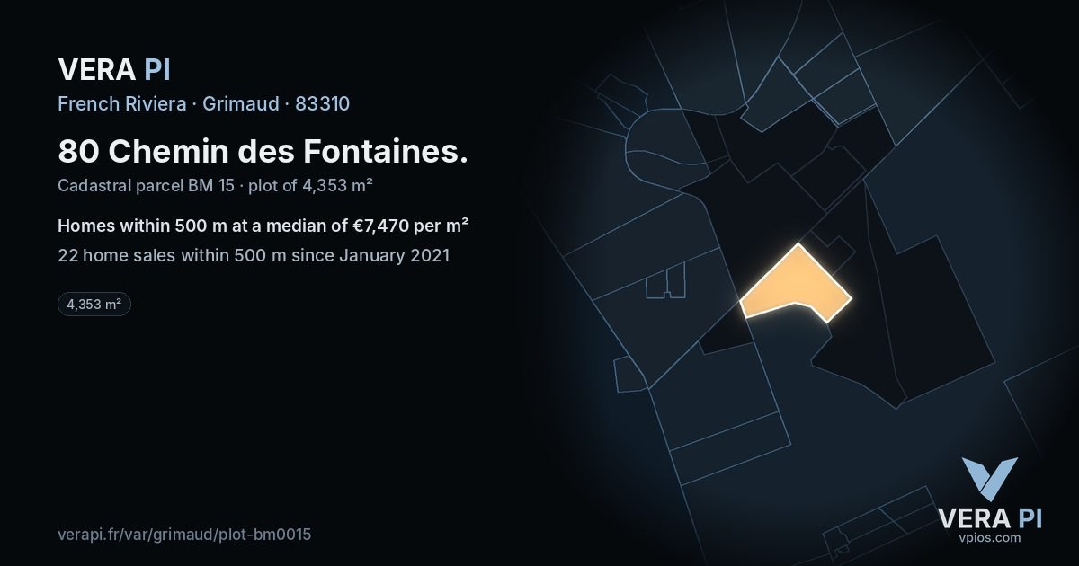 80 Chemin des Fontaines, Grimaud at night – the plot lit, the parcels around coloured by the prices near them