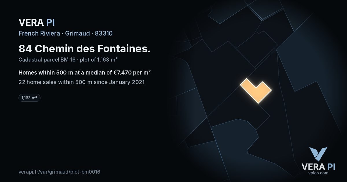 84 Chemin des Fontaines, Grimaud at night – the plot lit, the parcels around coloured by the prices near them