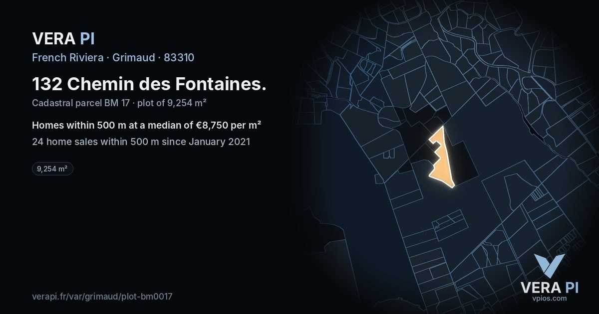 132 Chemin des Fontaines, Grimaud at night – the plot lit, the parcels around coloured by the prices near them