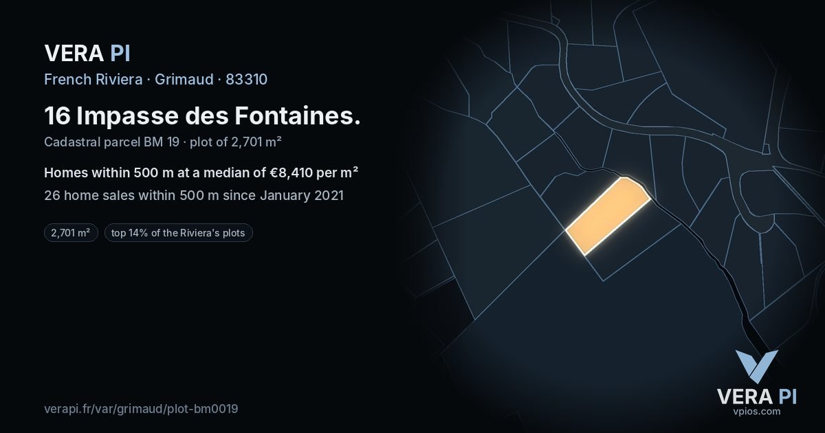 16 Impasse des Fontaines, Grimaud at night – the plot lit, the parcels around coloured by the prices near them