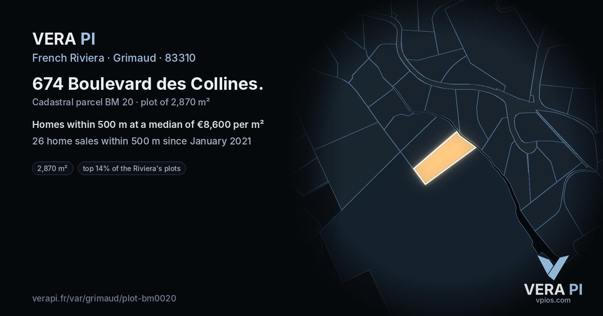 674 Boulevard des Collines, Grimaud at night – the plot lit, the parcels around coloured by the prices near them