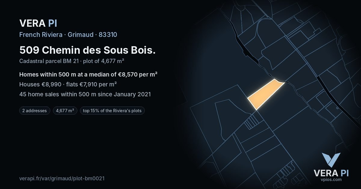 509 Chemin des Sous Bois, Grimaud at night – the plot lit, the parcels around coloured by the prices near them