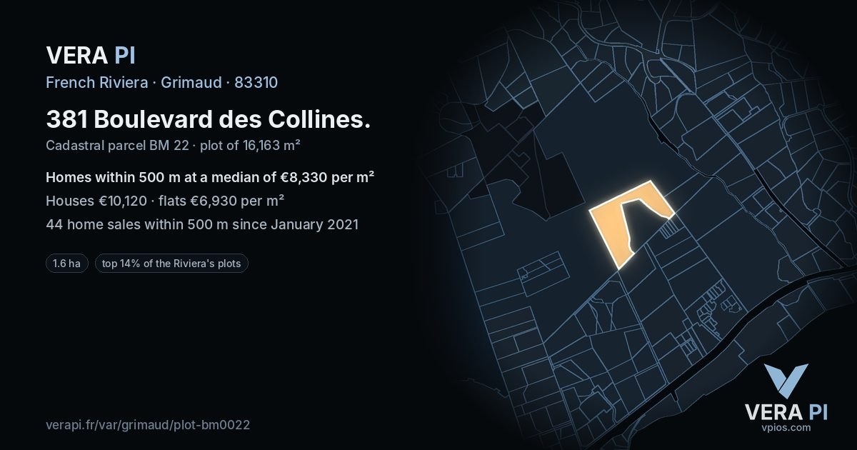 381 Boulevard des Collines, Grimaud at night – the plot lit, the parcels around coloured by the prices near them