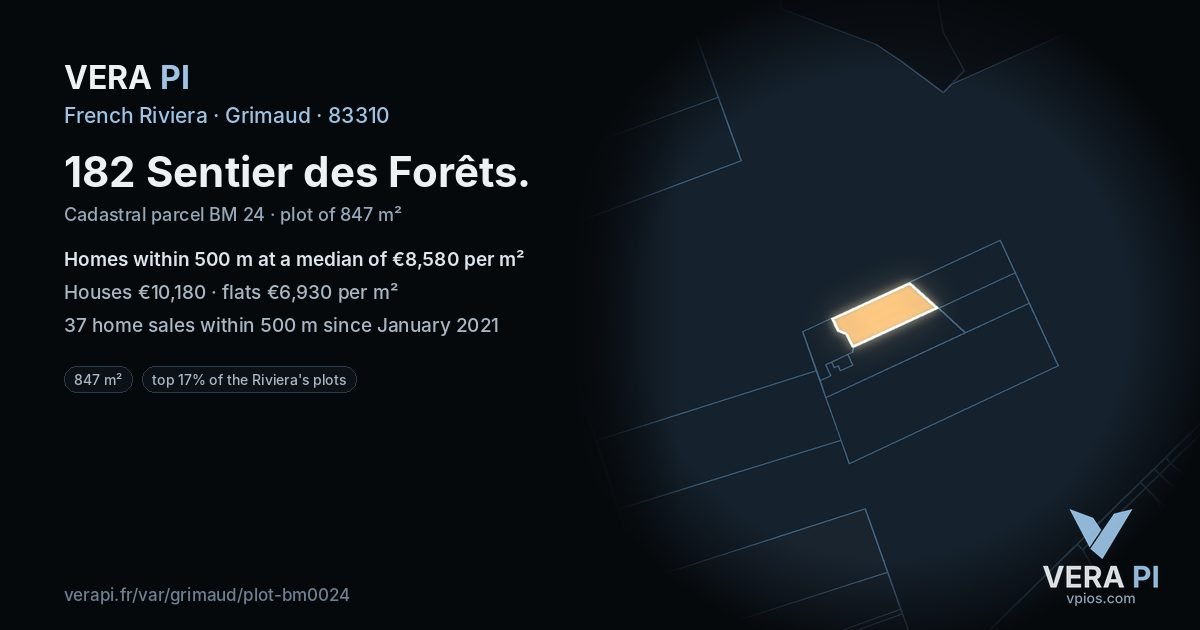 182 Sentier des Forêts, Grimaud at night – the plot lit, the parcels around coloured by the prices near them
