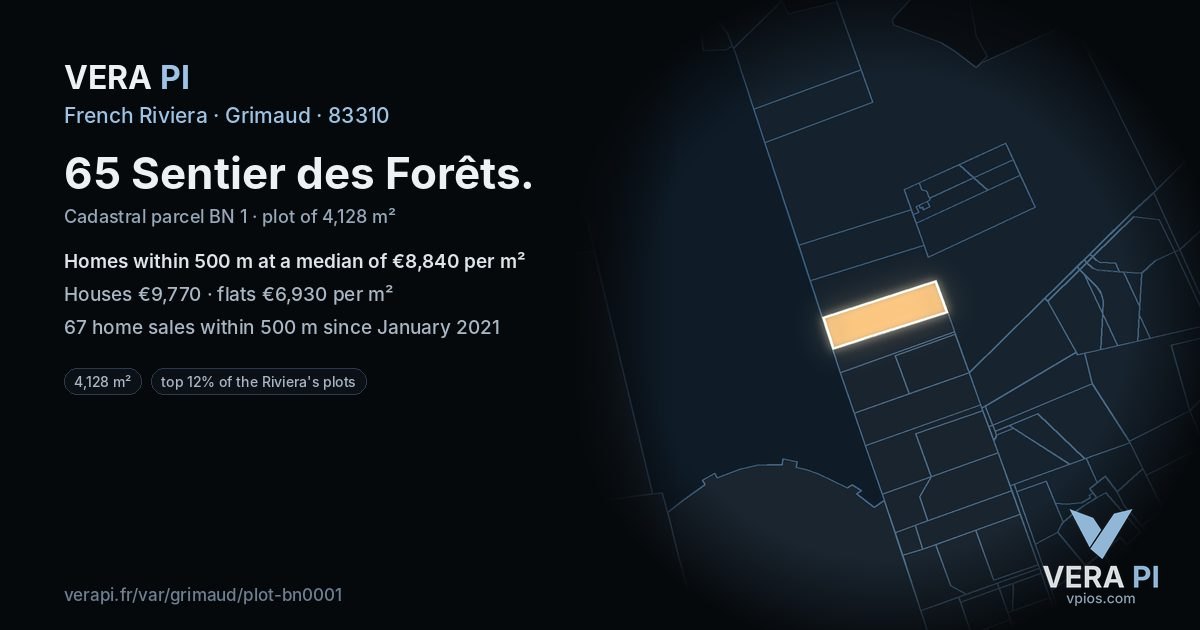 65 Sentier des Forêts, Grimaud at night – the plot lit, the parcels around coloured by the prices near them