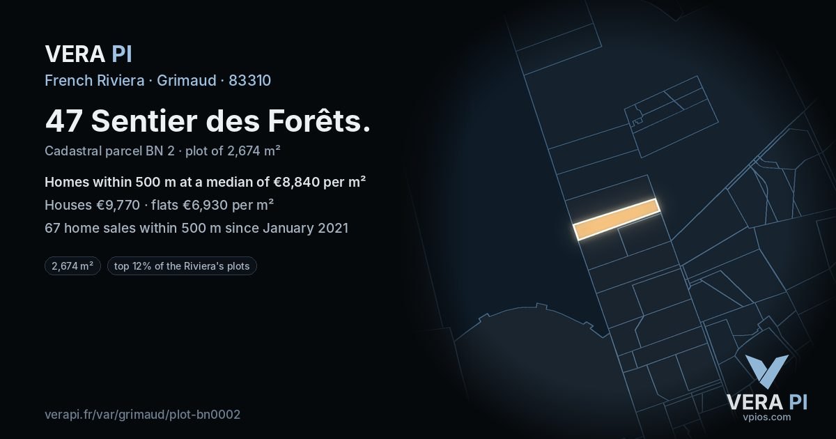 47 Sentier des Forêts, Grimaud at night – the plot lit, the parcels around coloured by the prices near them