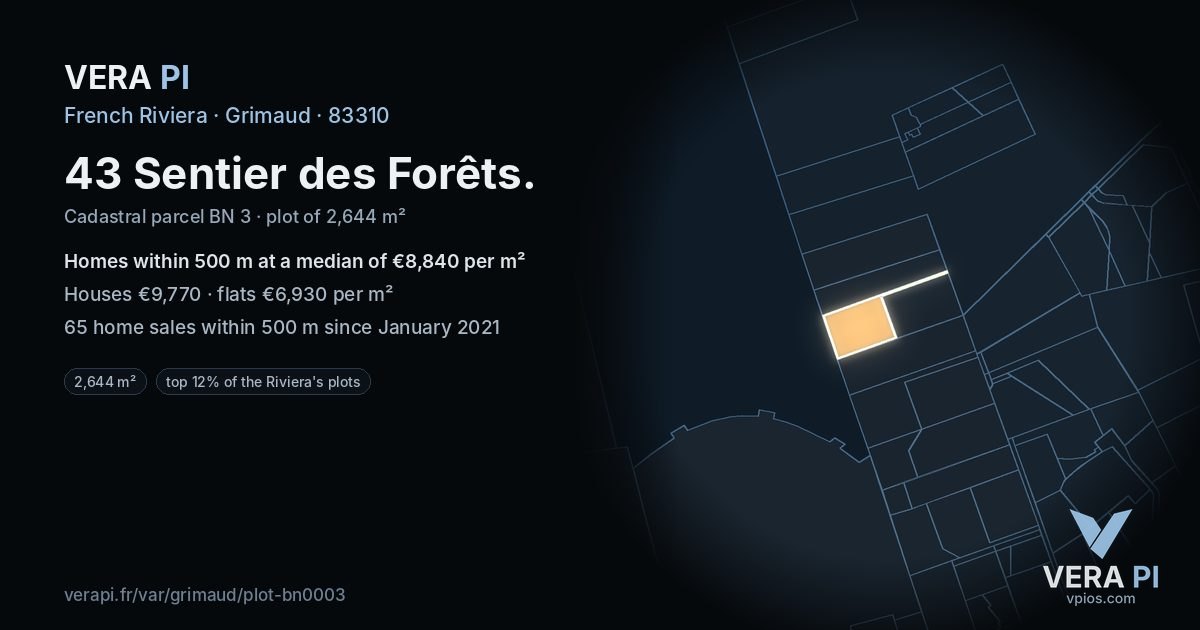 43 Sentier des Forêts, Grimaud at night – the plot lit, the parcels around coloured by the prices near them