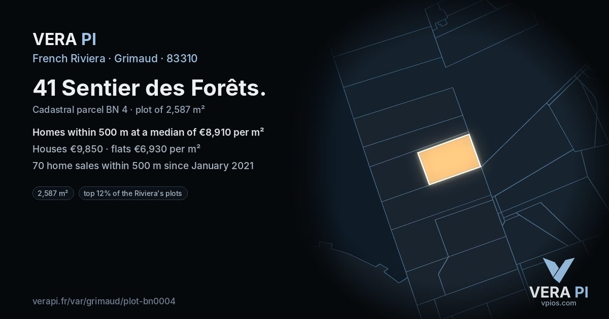 41 Sentier des Forêts, Grimaud at night – the plot lit, the parcels around coloured by the prices near them