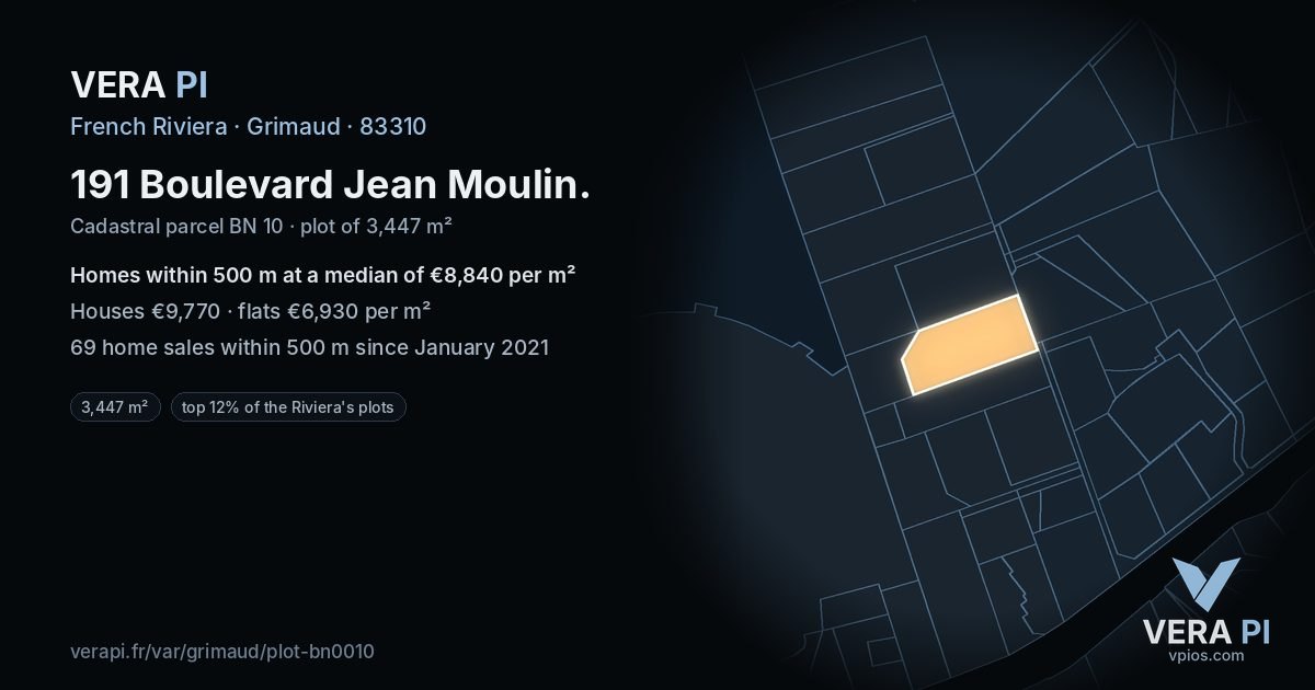 191 Boulevard Jean Moulin, Grimaud at night – the plot lit, the parcels around coloured by the prices near them