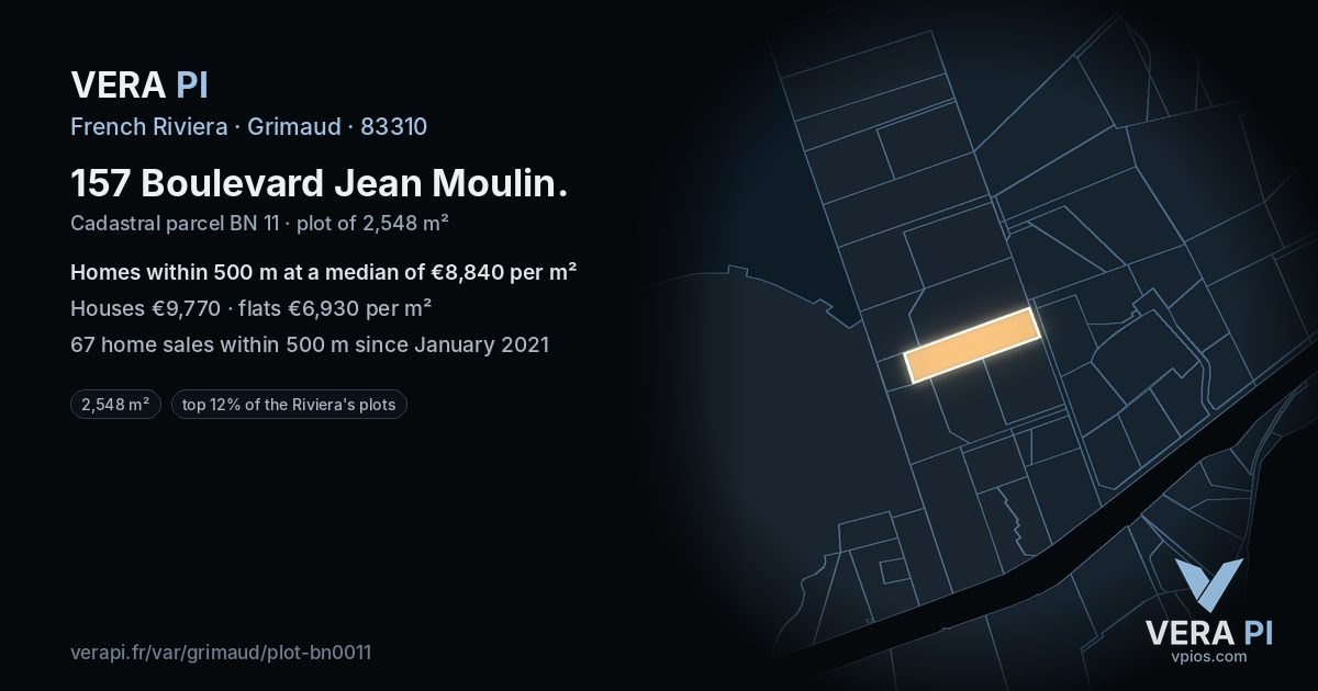 157 Boulevard Jean Moulin, Grimaud at night – the plot lit, the parcels around coloured by the prices near them