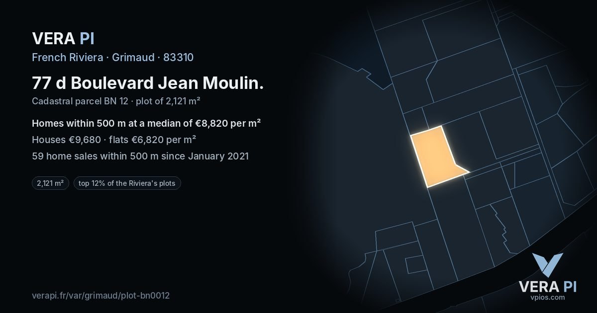 77 d Boulevard Jean Moulin, Grimaud at night – the plot lit, the parcels around coloured by the prices near them