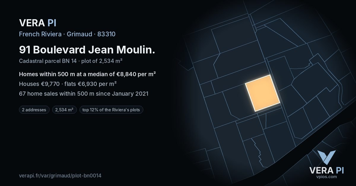 91 Boulevard Jean Moulin, Grimaud at night – the plot lit, the parcels around coloured by the prices near them