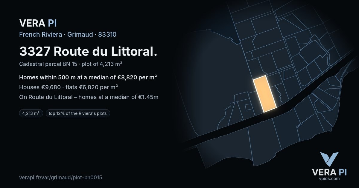 3327 Route du Littoral, Grimaud at night – the plot lit, the parcels around coloured by the prices near them
