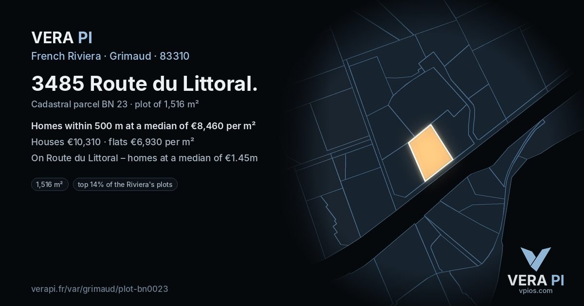 3485 Route du Littoral, Grimaud at night – the plot lit, the parcels around coloured by the prices near them