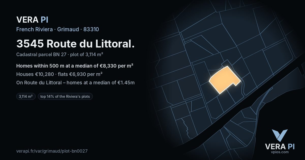 3545 Route du Littoral, Grimaud at night – the plot lit, the parcels around coloured by the prices near them