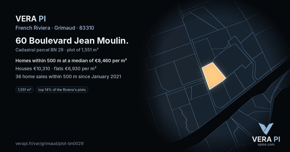 60 Boulevard Jean Moulin, Grimaud at night – the plot lit, the parcels around coloured by the prices near them