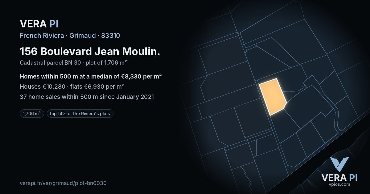 156 Boulevard Jean Moulin, Grimaud at night – the plot lit, the parcels around coloured by the prices near them