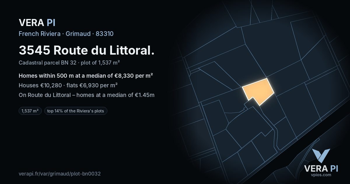 3545 Route du Littoral, Grimaud at night – the plot lit, the parcels around coloured by the prices near them