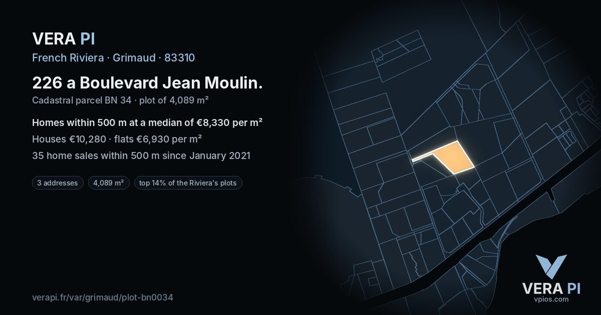 226 a Boulevard Jean Moulin, Grimaud at night – the plot lit, the parcels around coloured by the prices near them