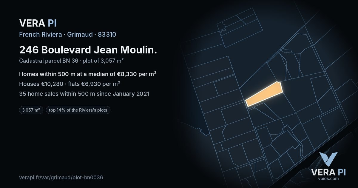 246 Boulevard Jean Moulin, Grimaud at night – the plot lit, the parcels around coloured by the prices near them