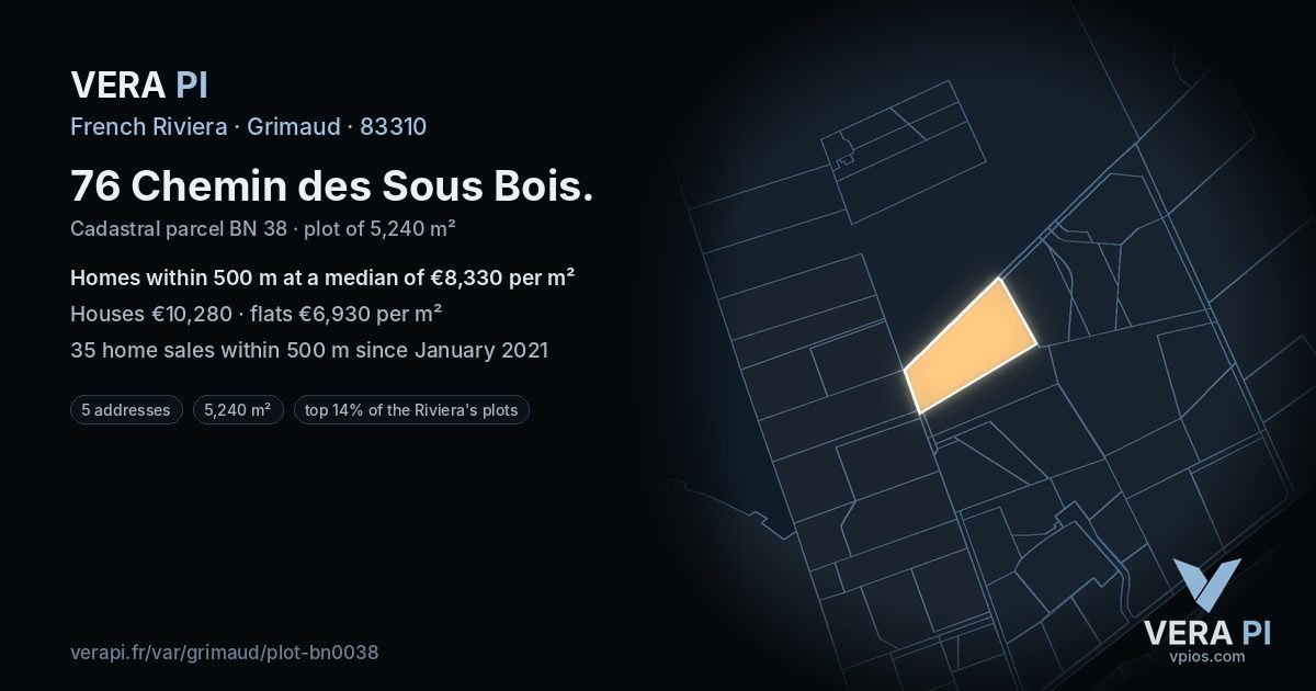 76 Chemin des Sous Bois, Grimaud at night – the plot lit, the parcels around coloured by the prices near them