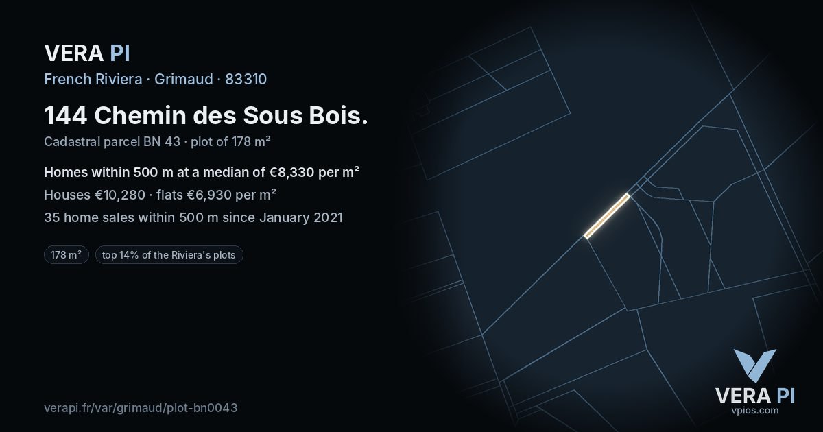 144 Chemin des Sous Bois, Grimaud at night – the plot lit, the parcels around coloured by the prices near them