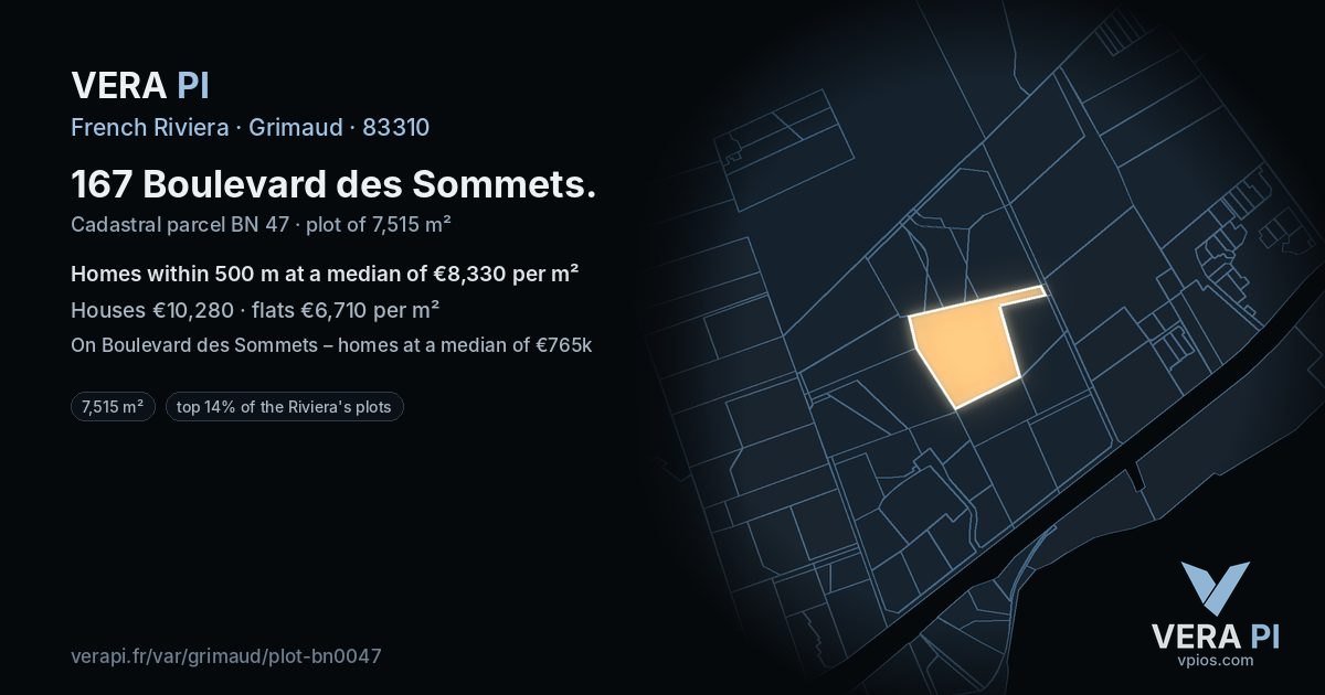167 Boulevard des Sommets, Grimaud at night – the plot lit, the parcels around coloured by the prices near them