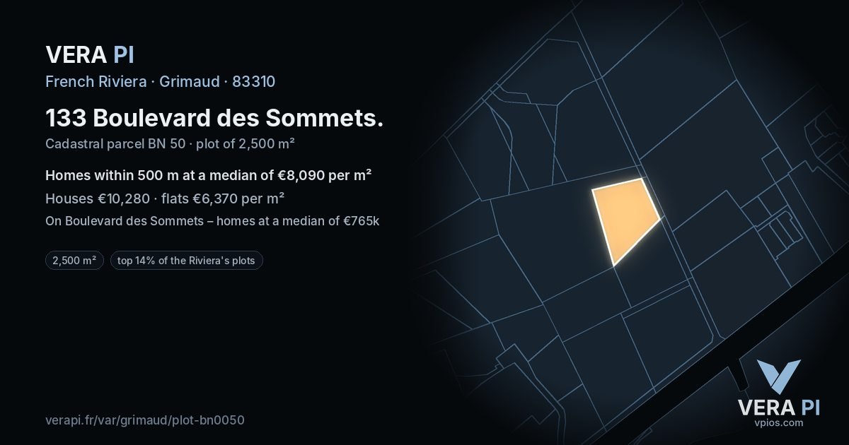 133 Boulevard des Sommets, Grimaud at night – the plot lit, the parcels around coloured by the prices near them