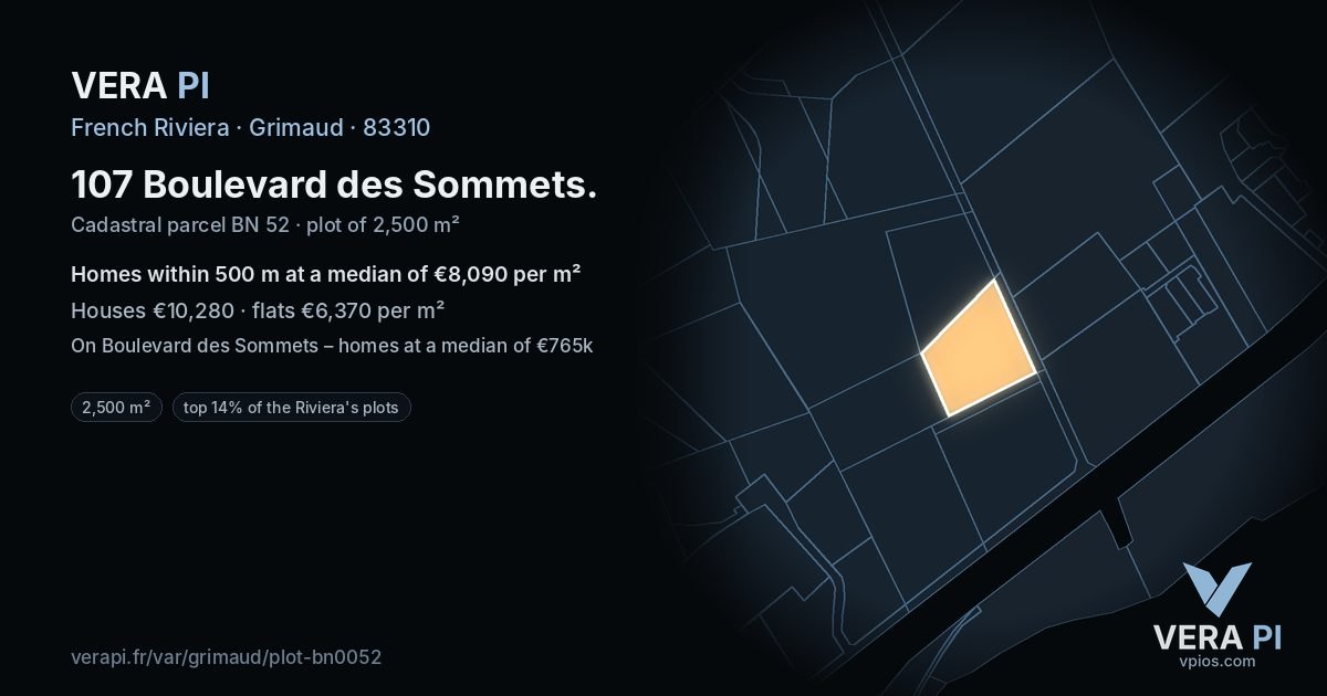 107 Boulevard des Sommets, Grimaud at night – the plot lit, the parcels around coloured by the prices near them