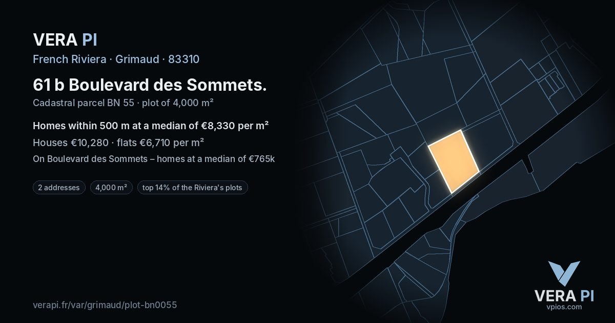 61 b Boulevard des Sommets, Grimaud at night – the plot lit, the parcels around coloured by the prices near them