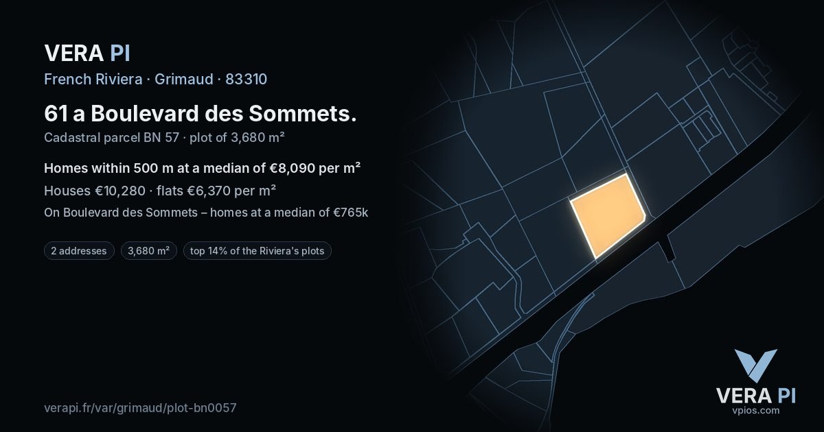 61 a Boulevard des Sommets, Grimaud at night – the plot lit, the parcels around coloured by the prices near them