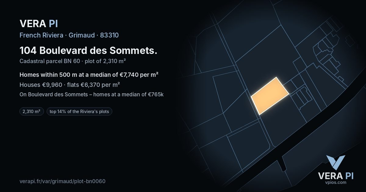 104 Boulevard des Sommets, Grimaud at night – the plot lit, the parcels around coloured by the prices near them