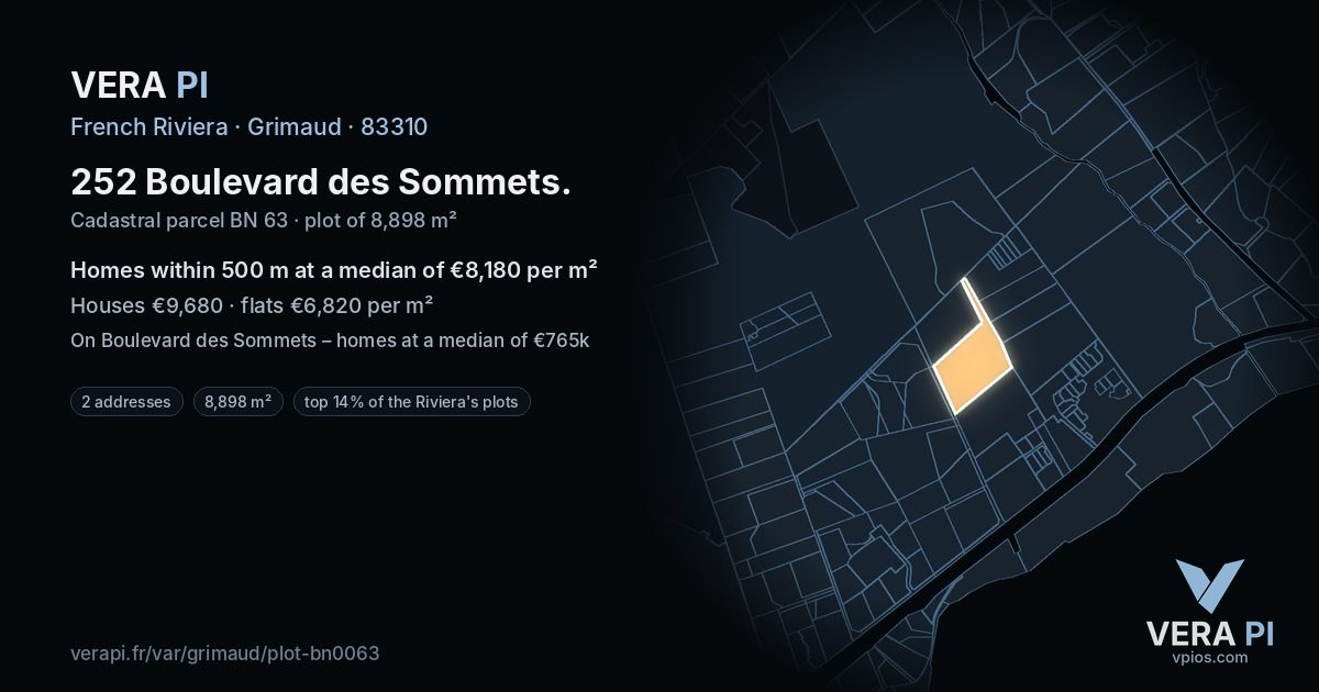 252 Boulevard des Sommets, Grimaud at night – the plot lit, the parcels around coloured by the prices near them