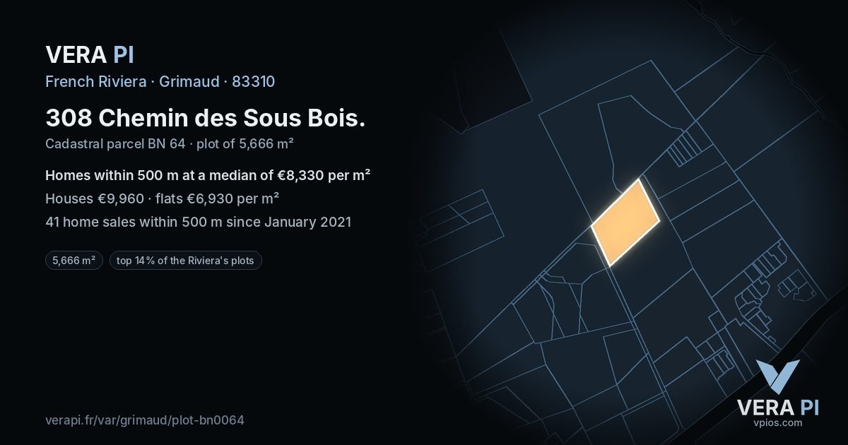 308 Chemin des Sous Bois, Grimaud at night – the plot lit, the parcels around coloured by the prices near them