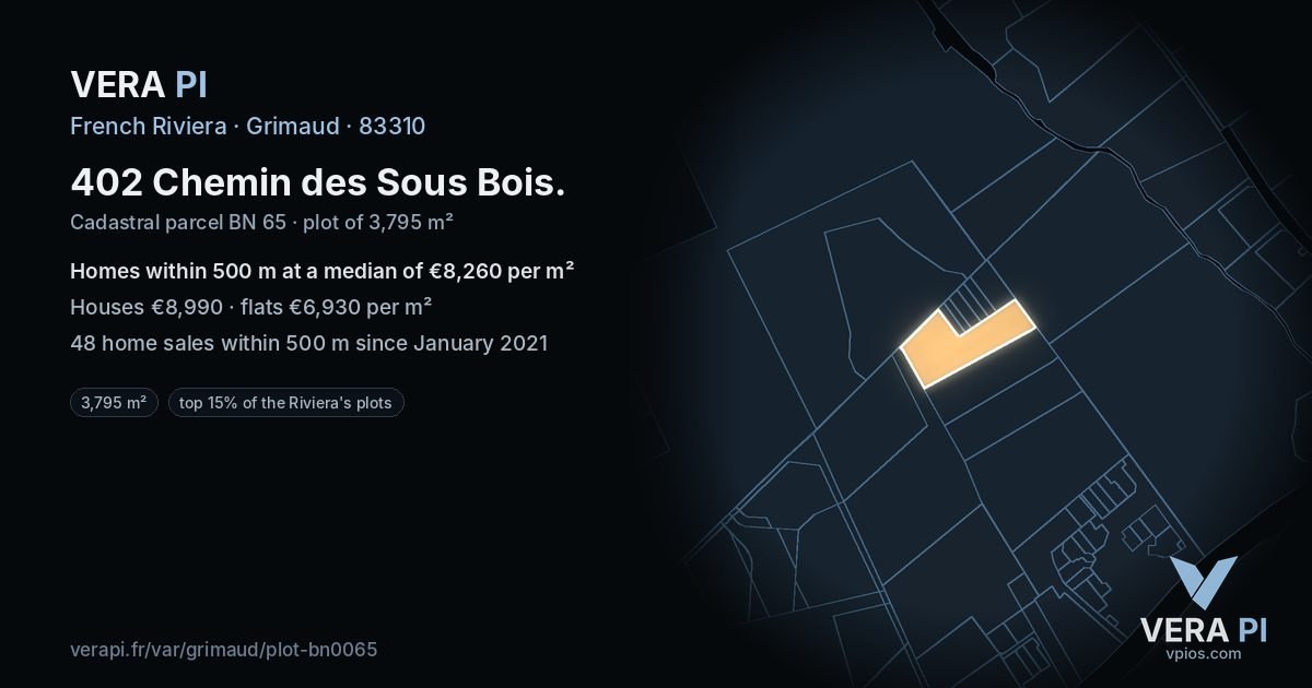 402 Chemin des Sous Bois, Grimaud at night – the plot lit, the parcels around coloured by the prices near them