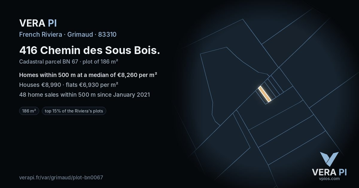 416 Chemin des Sous Bois, Grimaud at night – the plot lit, the parcels around coloured by the prices near them
