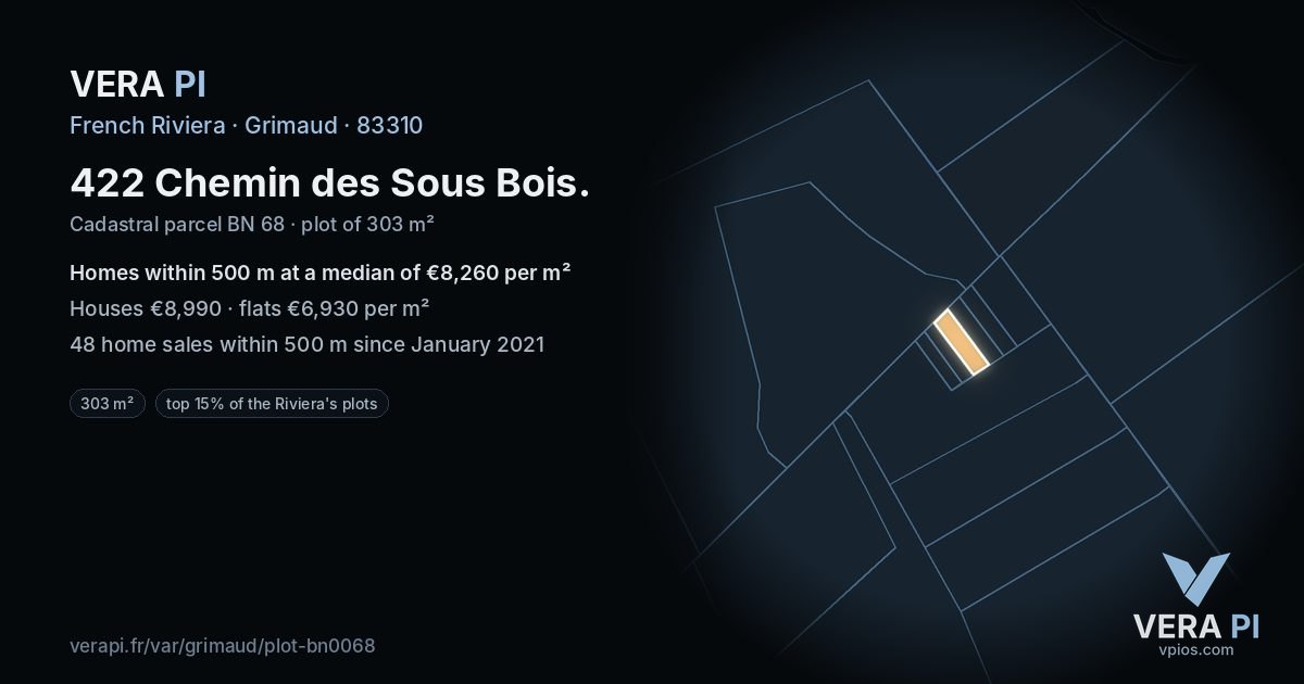 422 Chemin des Sous Bois, Grimaud at night – the plot lit, the parcels around coloured by the prices near them